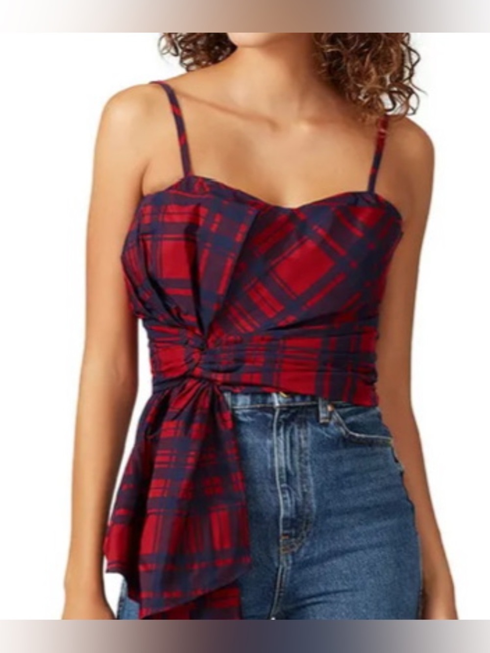 FLOR ET.AL Plaid Tie-Front Cami Top in Red and Navy: Size Medium